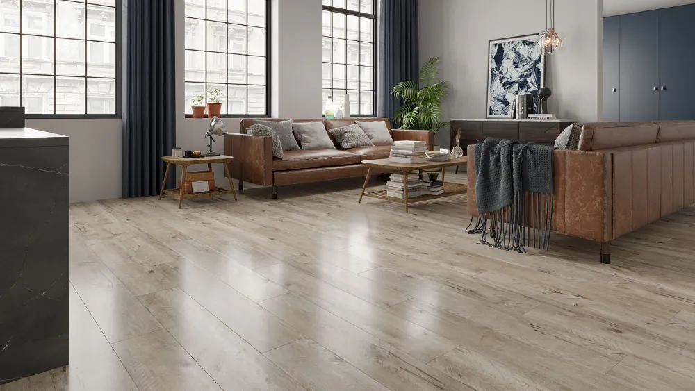 12 mm AC3-rated laminate flooring in a light wood look, installed in a Summerfield, FL living room