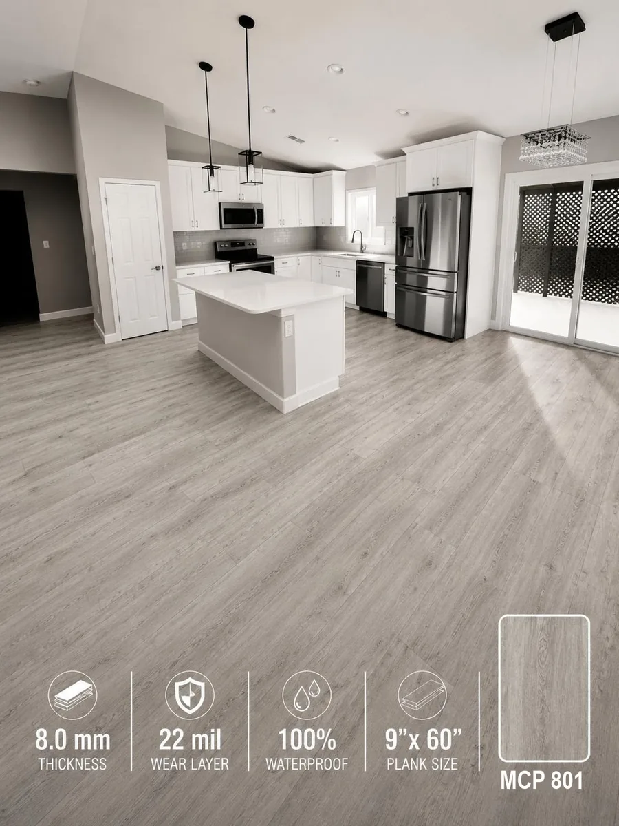 Sale color MCP 801, an 8.0 mm waterproof luxury vinyl plank with a 22 mil wear layer, in 9 x 60 inch planks, shown in a sample kitchen