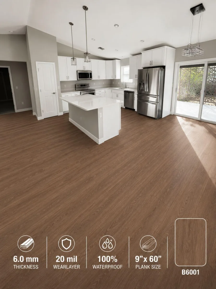 Promotion color in 6.0 mm waterproof vinyl plank with a 20 mil wear layer and a 9 by 60 inch plank, shown in the same Summerfield, FL kitchen and living area