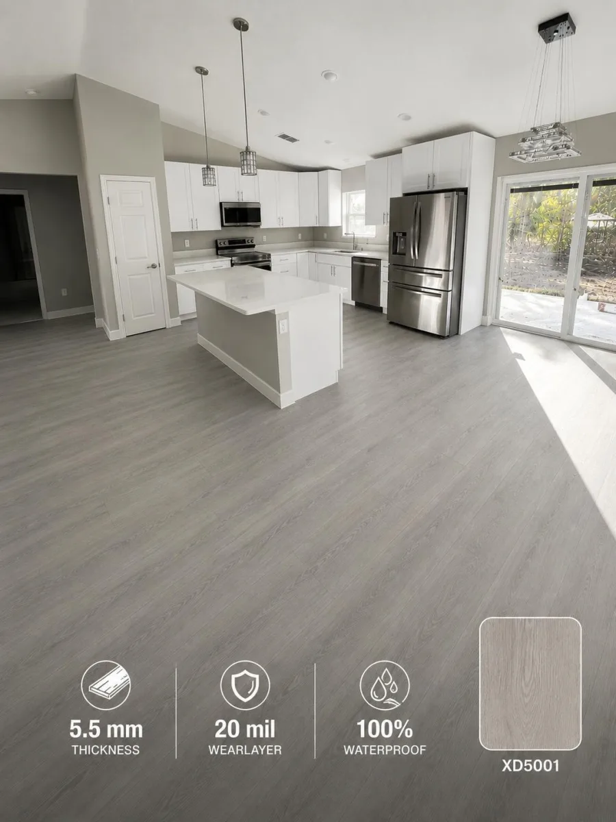 Promotion color in 5.5 mm waterproof vinyl plank with a 20 mil wear layer, shown in the same Summerfield, FL kitchen and living area
