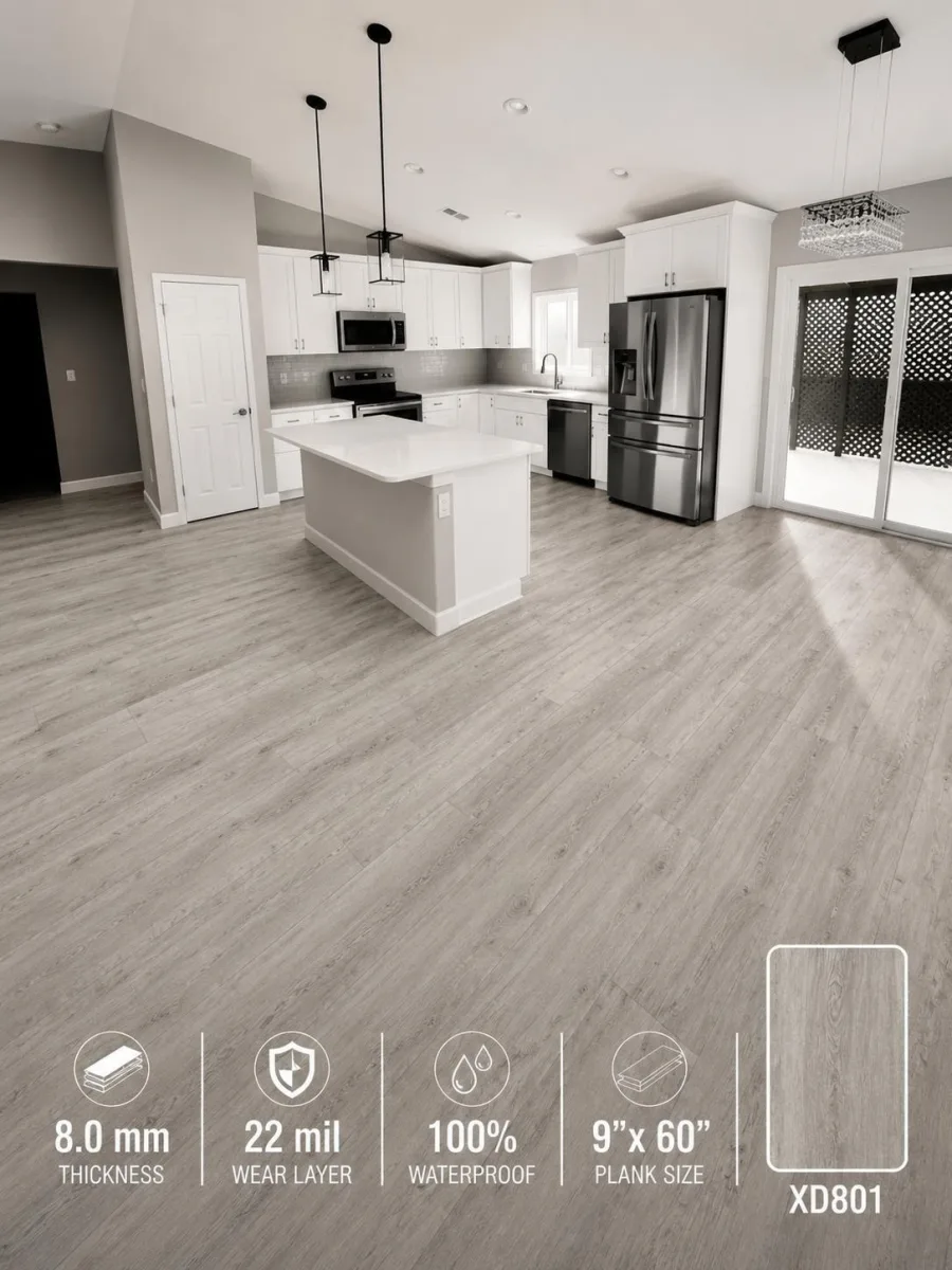Promotion color in 8.0 mm waterproof vinyl plank with a 22 mil wear layer and a 9 by 60 inch plank, shown in the same Summerfield, FL kitchen and living area