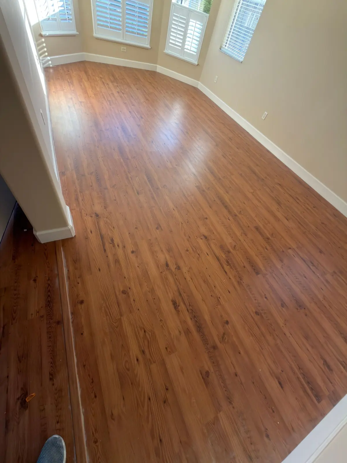 Hallway and living room in warm wood-look flooring in a Summerfield, FL home