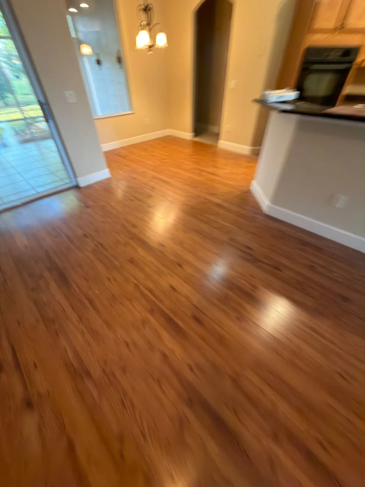 Living area in glossy honey-toned wood flooring in a Summerfield, FL home