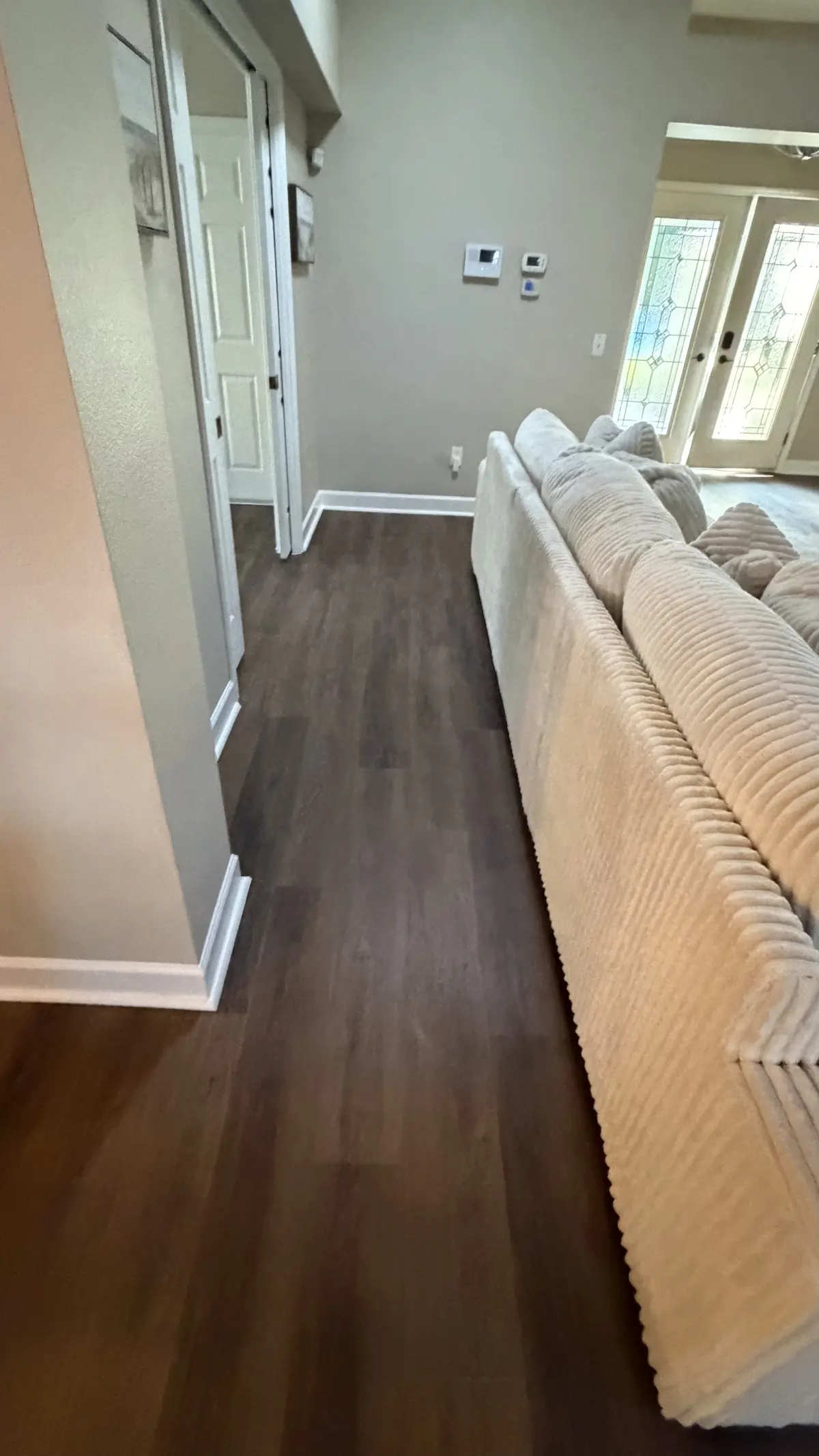 Hallway and living room in dark wood-look plank in a Summerfield, FL home